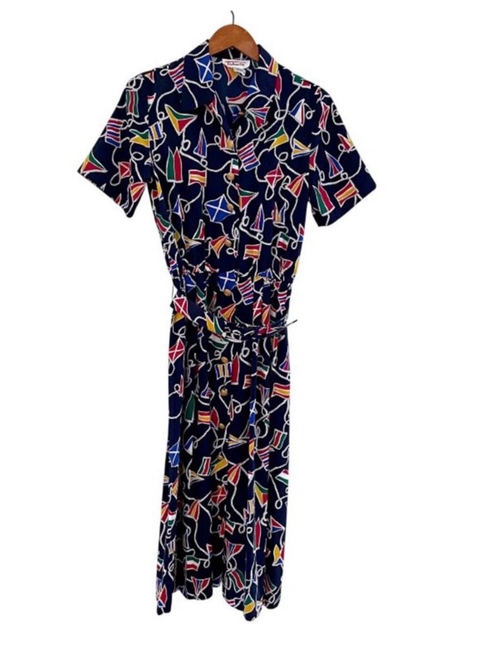 Vintage Talbots Summer Sailing Navy Flag-Print Short Sleeve Maxi Dress